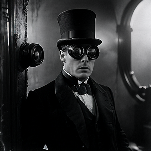 00011-2846057706-ArsMovieStill, movie still from a 1910s retro future  movie, The image shows a man wearing a top hat and goggles looking through.png